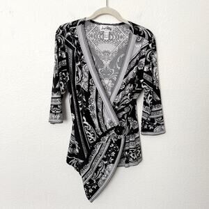 [Joseph Ribkoff] Black Gray Geometric Scarf Print Wrap Top 3/4 Sleeves Size 10